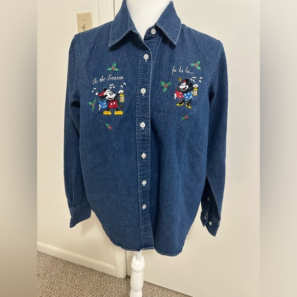 Vintage Tis The Season Mickey Mouse Shimmery Button Down Shirt Size Small - Picture 1 of 10